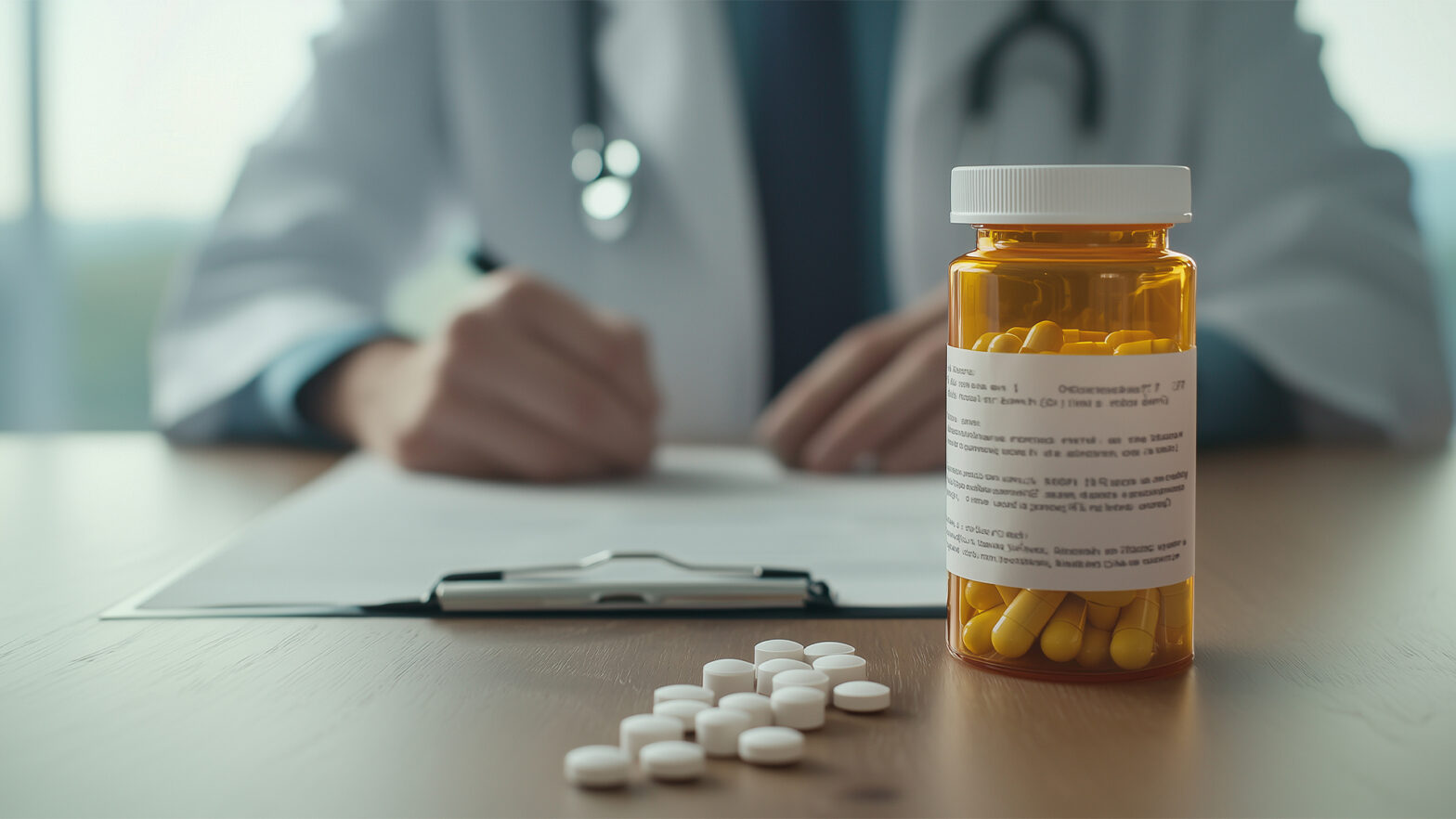 A doctor sitting at a desk with a hidden stash of fake prescription bottles and fraudulent documents, hinting at medical malpractice