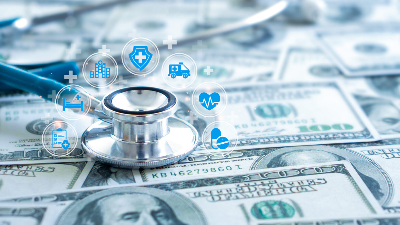 Stethoscope with health care icon on dollar bill background